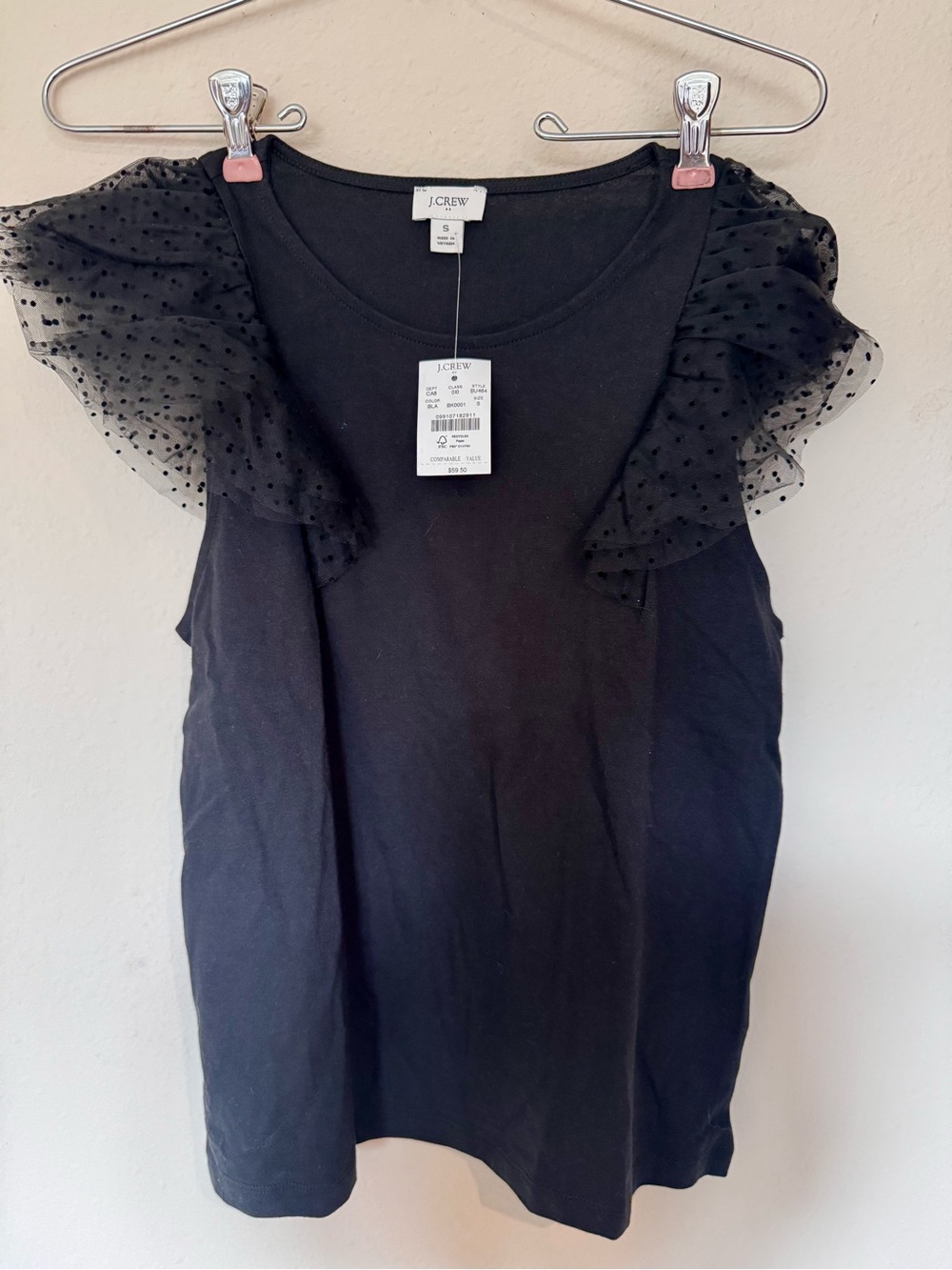 J. Crew Black Tank with Sheer Polka Dot Ruffle Sleeves